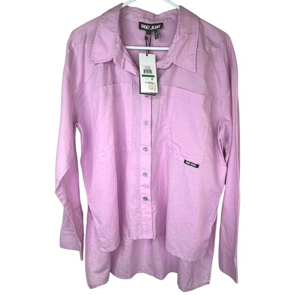 DKNY Jeans Tops - DKNY JEANS high/low hem linen blend long sleeve shirt, orchid pink, size L NWT